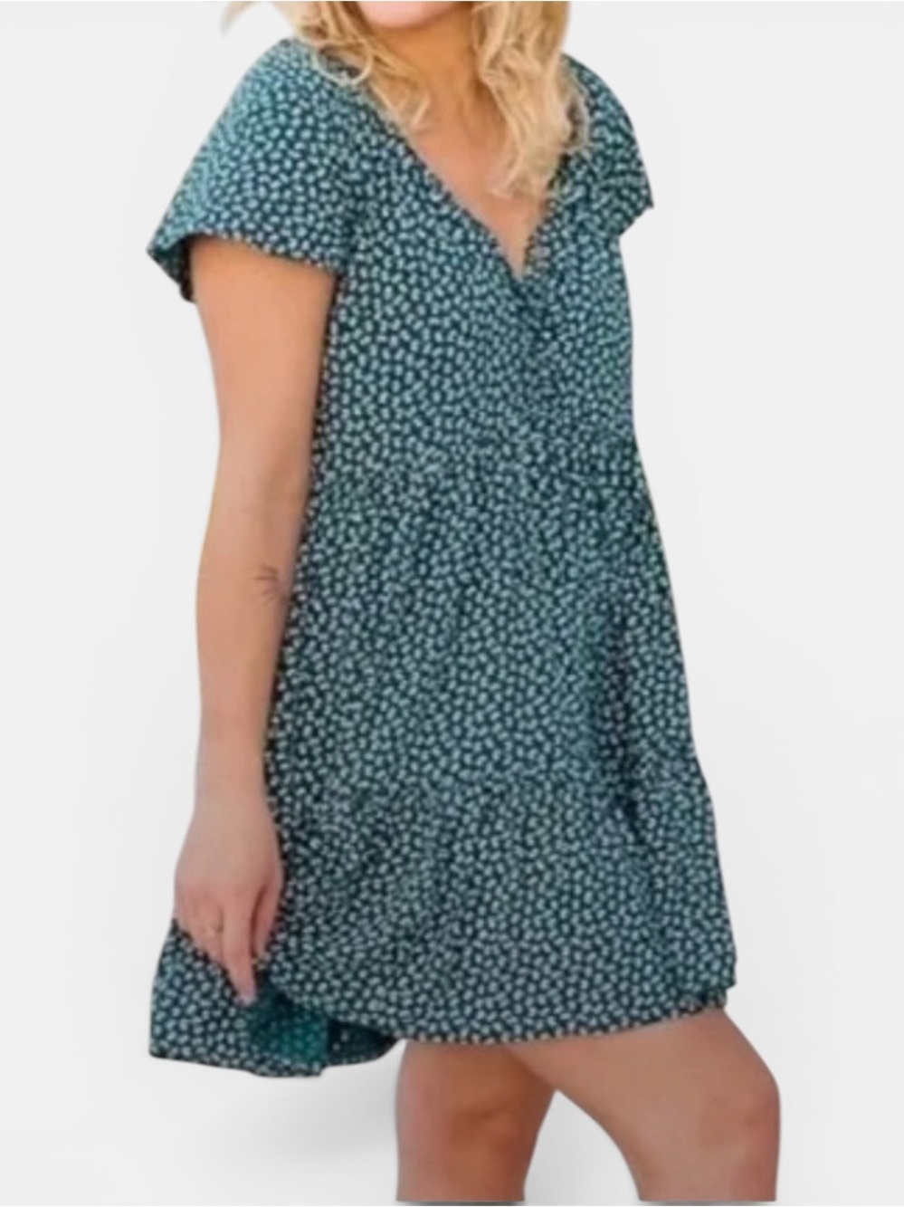 American Eagle Emerald Babydoll Tiered Ruffle V-Neck Mini Dress Size Large